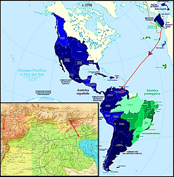 Nota: En la parte inferior izquierda mapa de Venezuela del mismo período. Con la línea roja se señala el recorrido que hiciera Löfling, saliendo de Suecia (Estocolmo) – Portugal (Lisboa) – España (Madrid, Cádiz) – Venezuela (Araya, Cumaná, Barcelona, Misiones de Píritu y San Bernardino, San Antonio del Caroní ϯ)