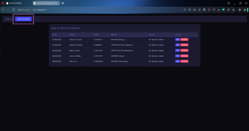 Figura 5. Visualización de la base de datos local en la interfaz web