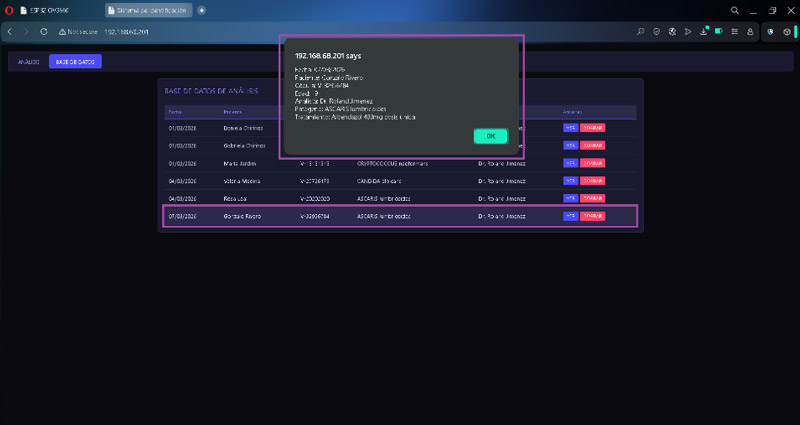 Figura 7. Reporte clínico del paciente guardado en la base de datos local